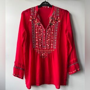 Johnny Was Embroidered Boho Tunic Top Red Cupra Rayon Size S